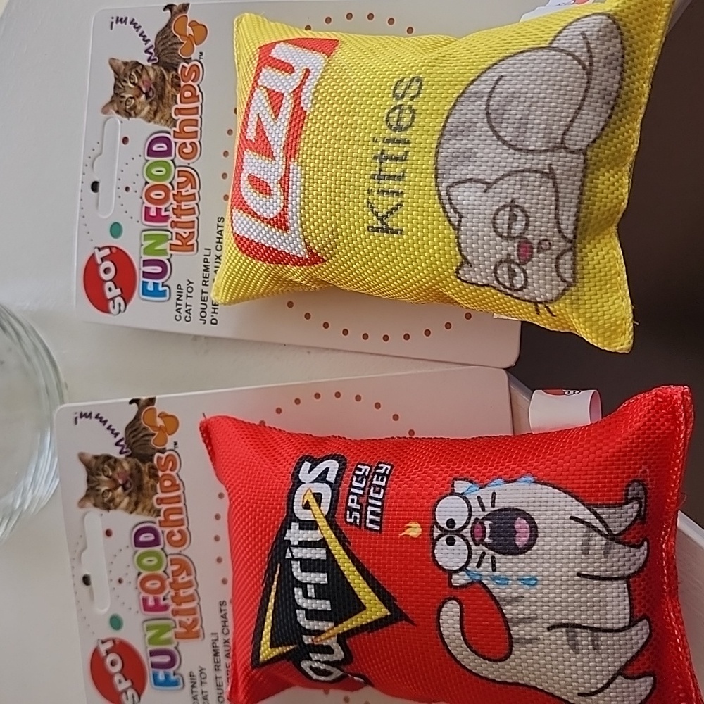 Fun Food Kitty Chips Cat Toy - Red & Yellow. 2 Toys. 5.2 Inx 3.2